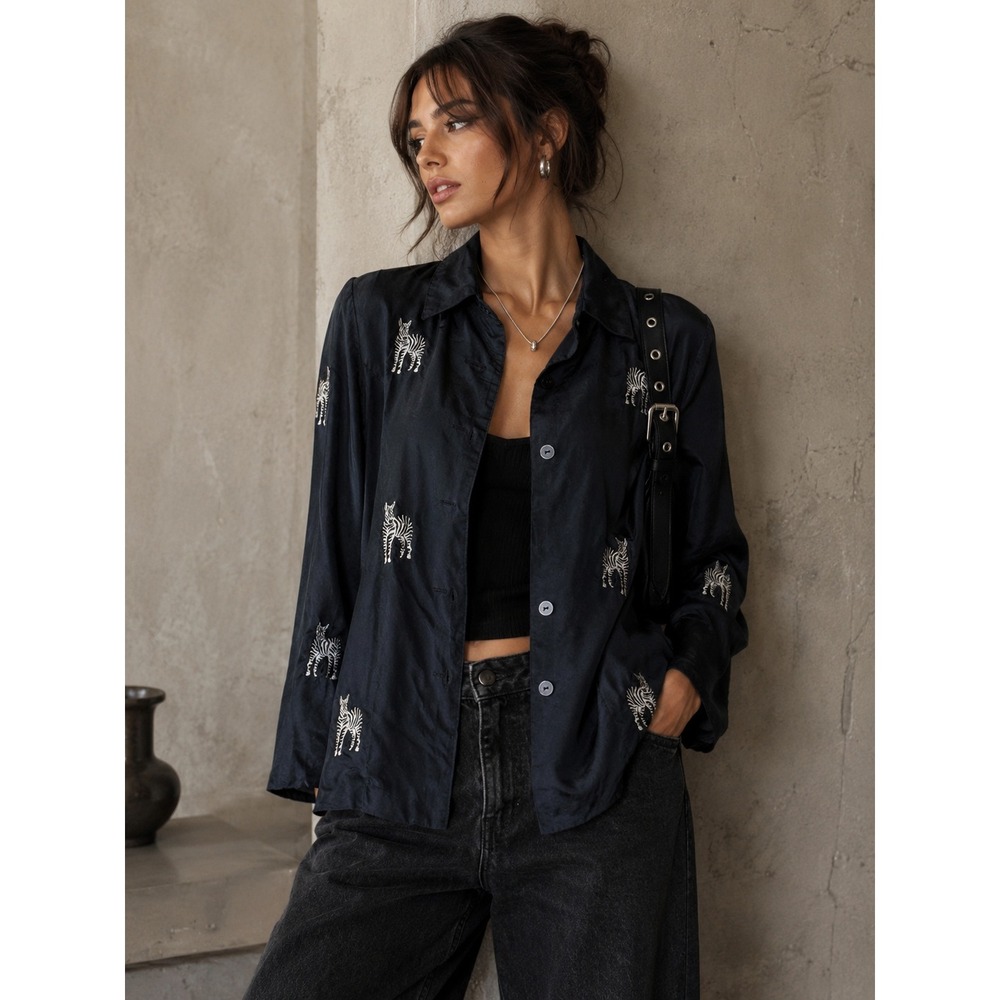 Silk zebra embroidered jacket blouse black novelty animal print indie sleaze